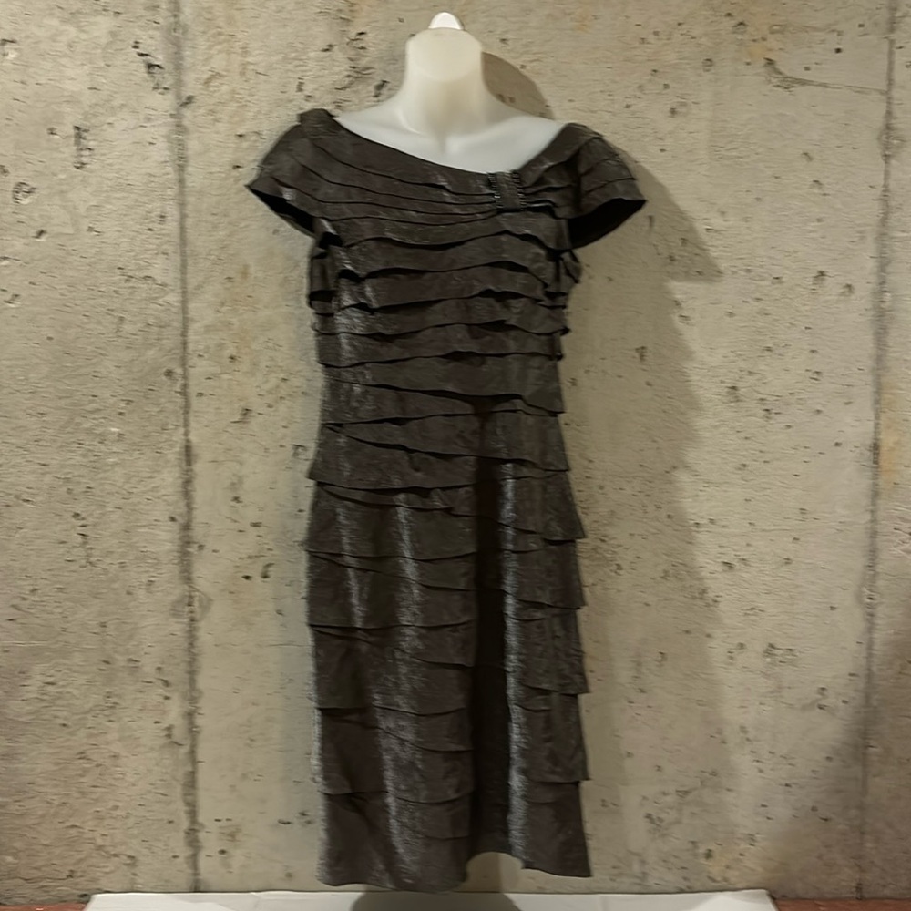 London Times Taupe Layered Shimmery Fabric Dress - Size 6